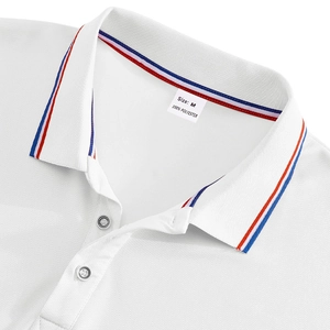 Macro detail of white Polo shirt collar with red, white, and blue striped neck lining