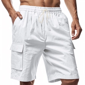 Men's white breathable linen cargo shorts with drawstring waist and large side pockets