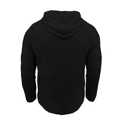 Back view of a black men's cotton linen hooded sweatshirt with adjustable drawstring