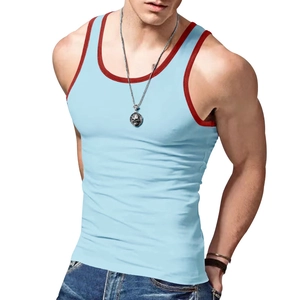 Men's light blue fitness tank top with red contrast binding and breathable fabric
