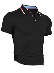 Detail of black men's Polo shirt featuring tricolor ribbing on collar and three buttons