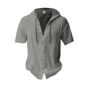 Detail van de katoentextuur op grijs shirt met capuchon, houten knopen en leren koorden