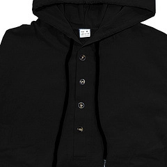 Detail of black cotton linen hoodie featuring a unique button-down collar and drawstrings