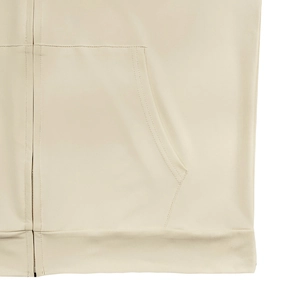 Close-up of metal zipper and front pocket on beige sleeveless hoodie set for men