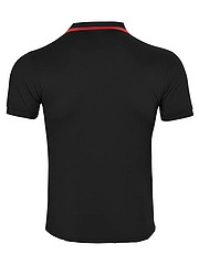Rear view of black short-sleeve polo shirt featuring red stripe details on the collar