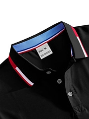 Close-up of black polo shirt collar with red, white, and blue stripes and M size label