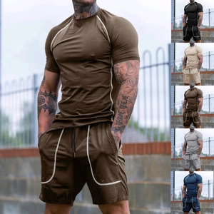 Detail view of men's athletic set showing contrasting side stripes and five color options