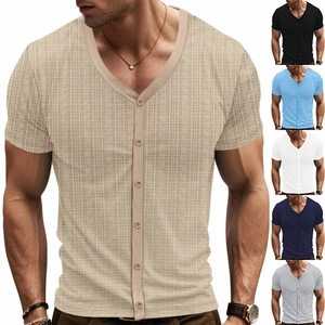 Men's V-neck short sleeve knit shirt with button placket in six assorted colors
