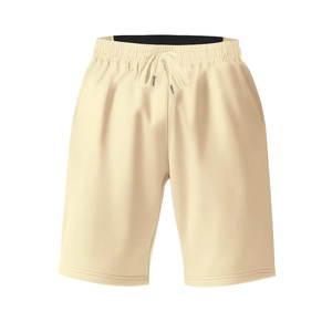 Detail of cream men's casual sweat shorts featuring elastic waist and matching drawstrings