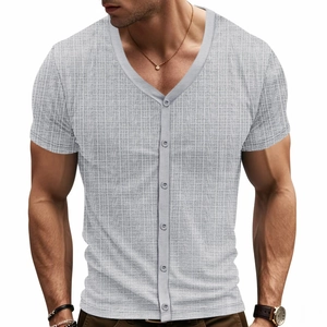 Men's grey short sleeve V-neck button shirt in breathable slub textured fabric