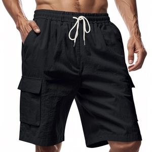 Comfortable men's loose fit breathable black linen cargo shorts with drawstring waist