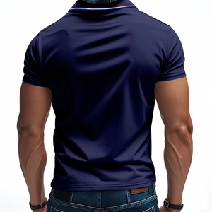 Rear view of men's navy quick-dry golf polo shirt featuring tricolor stripe collar detail