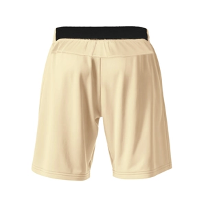 Rear view of cream-colored athletic shorts with a black elastic waistband and quick-dry fabric