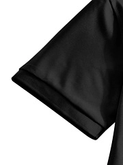 Detailed macro view of black short-sleeve polo shirt cuff with double-stitched hem and fine texture