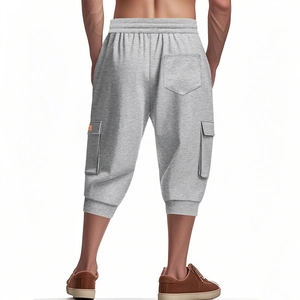 Detailed back view of men's gray cargo shorts with elastic drawstring and pockets