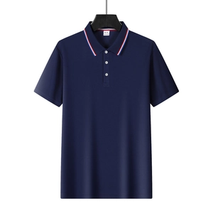 Detailed view of dark blue Polo shirt featuring tri-color striped collar and 100% polyester fabric