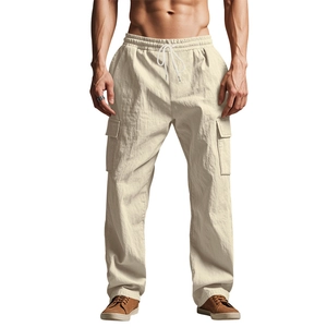 Herren Cargo-Leinenhose in Beige mit Kordelzug und praktischen großen Seitentaschen