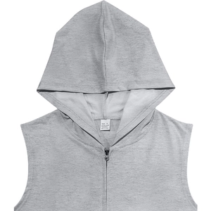 Detailed close-up of light gray sleeveless zip-up hoodie vest with metal zipper and texture