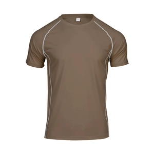 Detailed view of brown raglan sleeve athletic shirt with white contrast stitching