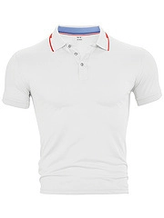 Detail of white Polo shirt collar with red and blue stripes and three-button placket