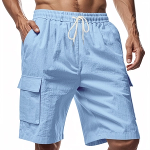 Men's light blue breathable linen cargo shorts with elastic waist and side flap pockets
