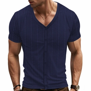 Men's navy slim fit V-neck short sleeve shirt with waffle knit texture and button closure