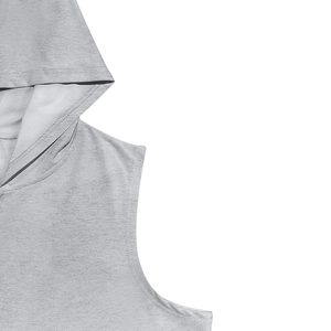 Detailed close-up showing grey knitted fabric texture and armhole of hooded vest