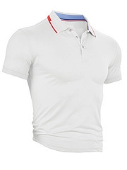 Detail of white polo shirt collar with red, white and blue striped trimming
