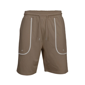 Detail of men's athletic shorts with elastic drawstring waist and white piping pockets