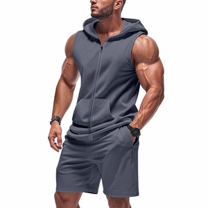Men's slate gray 2-piece sportswear set with sleeveless zip hoodie and athletic shorts