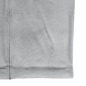 Close-up of the grey hooded vest showing zipper edge details and front pocket stitching