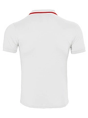 Rear view of a white short-sleeved polo shirt featuring a subtle red stripe on the collar