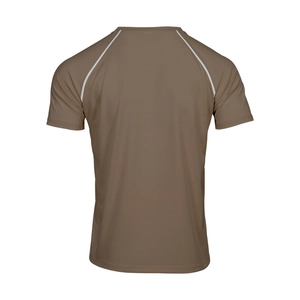 Detail of khaki men's athletic t-shirt with raglan sleeves and white contrast piping