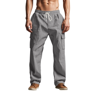Pantaloni cargo uomo grigio scuro in lino con coulisse in vita e ampie tasche laterali