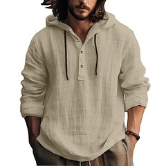 Men's Casual Linen Blend Hooded Henley Shirt Long Sleeve Loose Fit Breathable Solid Color Pullover Hoodie Top Spring Autumn