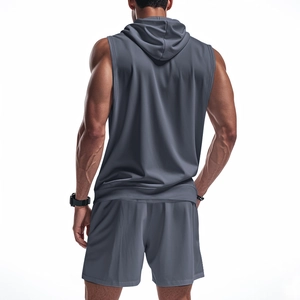 Rear view of men's hooded sleeveless gym vest and matching shorts in charcoal grey