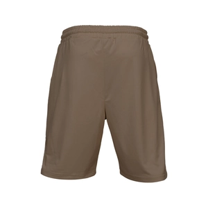 Detail of tan men's sports shorts featuring wide elastic waistband and drawstring