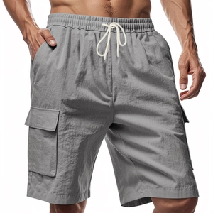 Men's breathable grey linen cargo shorts with elastic waist and side flap pockets