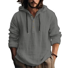 Men's dark gray linen hooded Henley shirt with casual long sleeves and wooden buttons