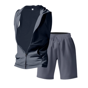 Detail view of men's casual hooded vest and drawstring shorts set with zipper in dark blue