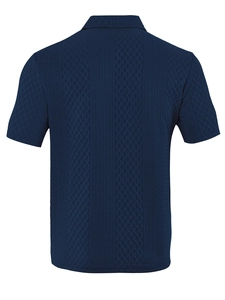 Vista trasera de polo azul marino con patrón de punto de diamantes premium