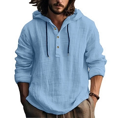 Men's loose linen hoodie shirt in light blue with three-button neckline and textured fabric