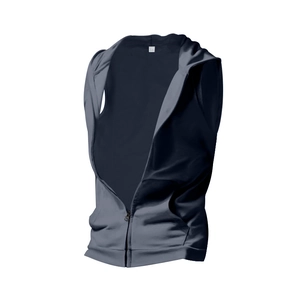 Detail of men's hooded zipper vest showing mesh lining and breathable athletic fabric