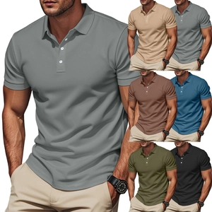 Detailed view of men's short sleeve polo shirt showing lapel collar and multi-color options