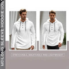Men's white cotton linen long sleeve hoodie with henley button neck and adjustable drawstrings