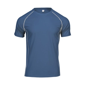 Detail of navy blue raglan sleeve sports t-shirt with light gray stitching and round neck
