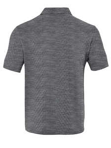 Vista detallada del polo para hombre gris oscuro con patrones de tejido geométrico