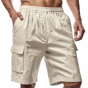 Men's loose cargo shorts in cream linen fabric with large side pockets and drawstring