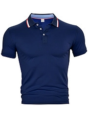 Detailed view of dark blue Polo shirt neckline with tricolor striped trim and white buttons