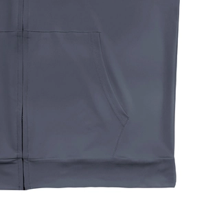 Detail view of smooth zipper closure and stitching on dark gray hooded vest pocket